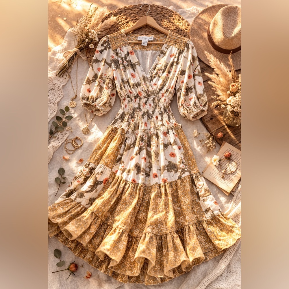 Current Air Boho Floral Smocked Puff Sleeve Midi Dress S
